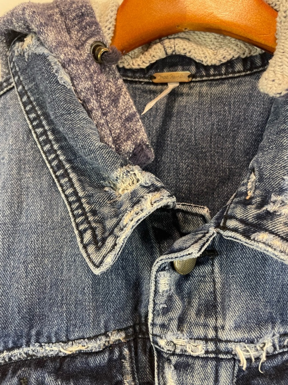 Free People Blue Denim Jacket with Heathered Gray Knit Sleeves - Picture 2 of 12